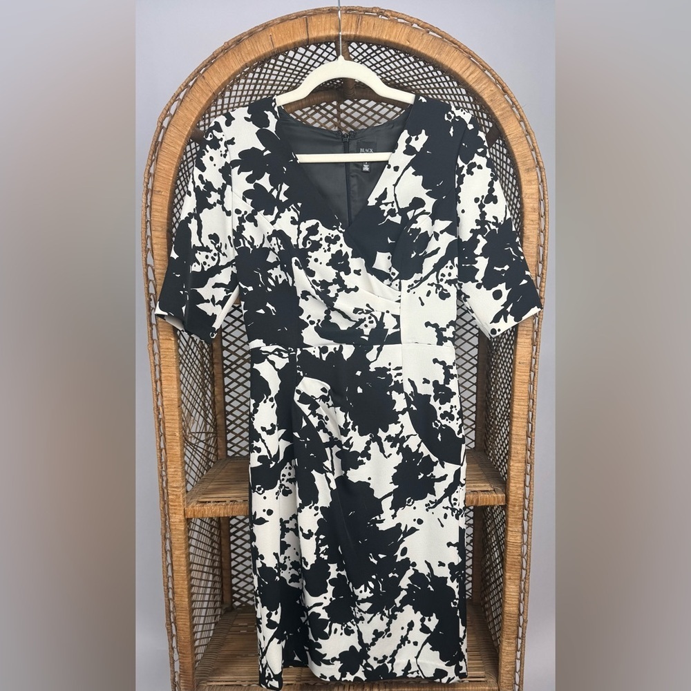 Saks Fifth Ave Black Label Floral Sheath Dress Size 4 Black White - Picture 2 of 5